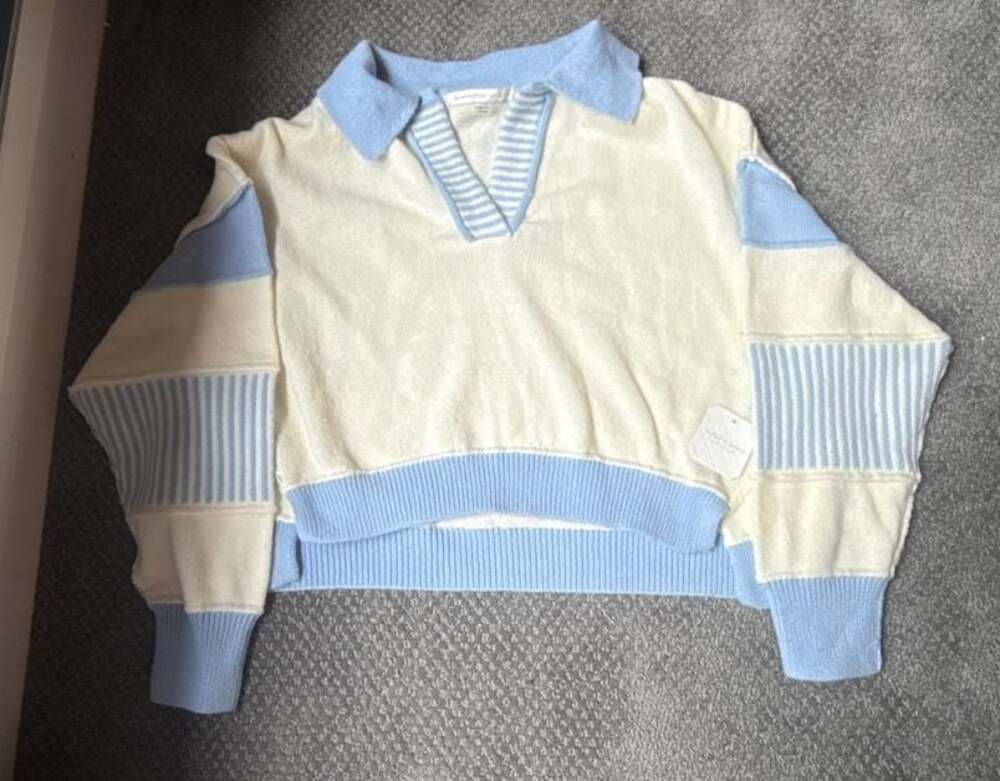 Altar'd State Ivory and Blue Collared Color Block Knit Pullover Sweater